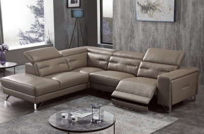 canapé d'angle avec un relax électrique en cuir de buffle italien de luxe 6 places revolax moka, angle gauche